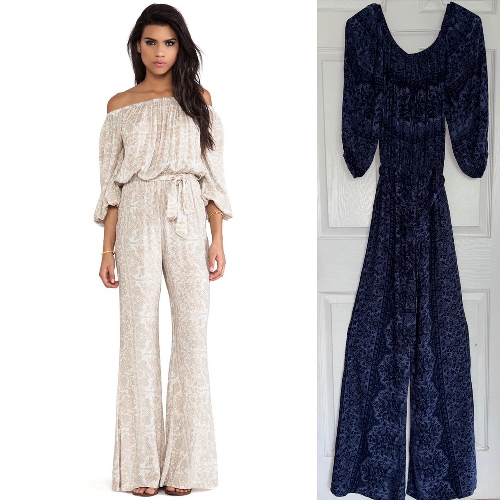 Novella Royale Rosewood Jumpsuit Sz S Blue Floral Paisley Off Shoulder Wide Leg